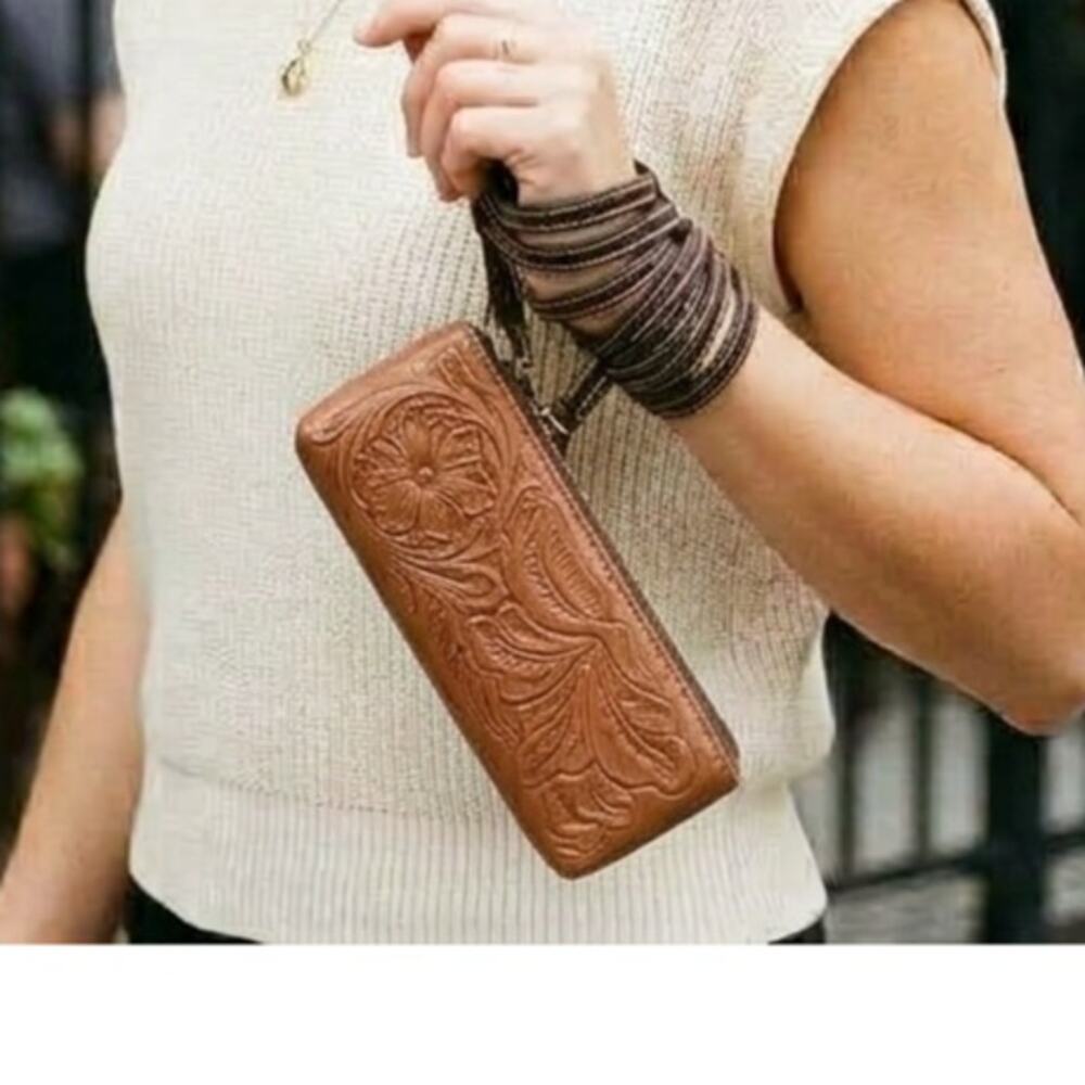 Patricia Nash Isla Oblong Tooled Leather Wristlet Florence Tan makeup travel